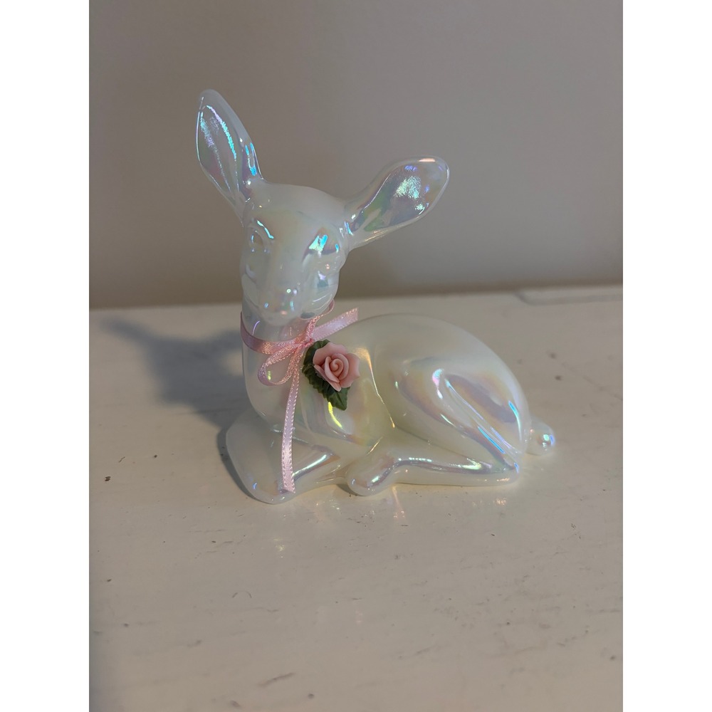 Fenton Iridescent White Opalescent Glass Fawn Deer Figurine with Pink Rose